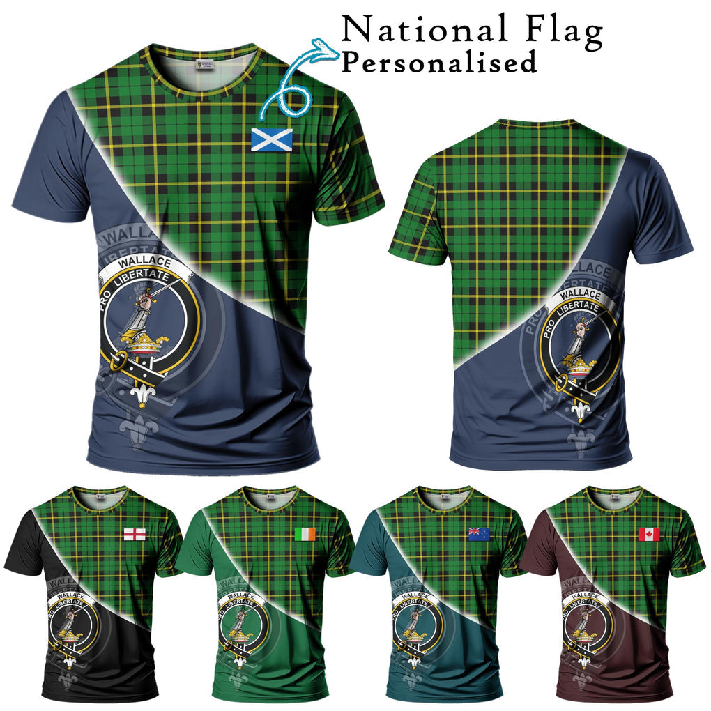 Wallace Hunting Green Tartan T-Shirt with Personalised National Flag and Family Crest Half Style Kid's Shirt - Tartanvibesclothing Shop