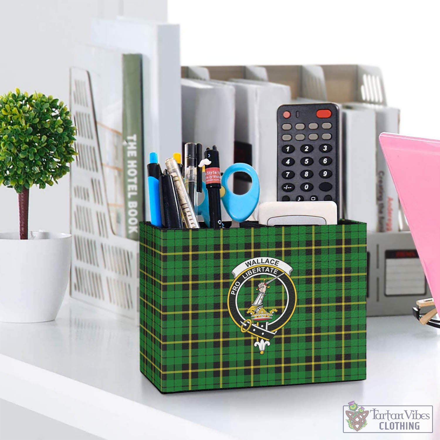 Tartan Vibes Clothing Wallace Hunting Green Tartan Pen Holder with Family Crest