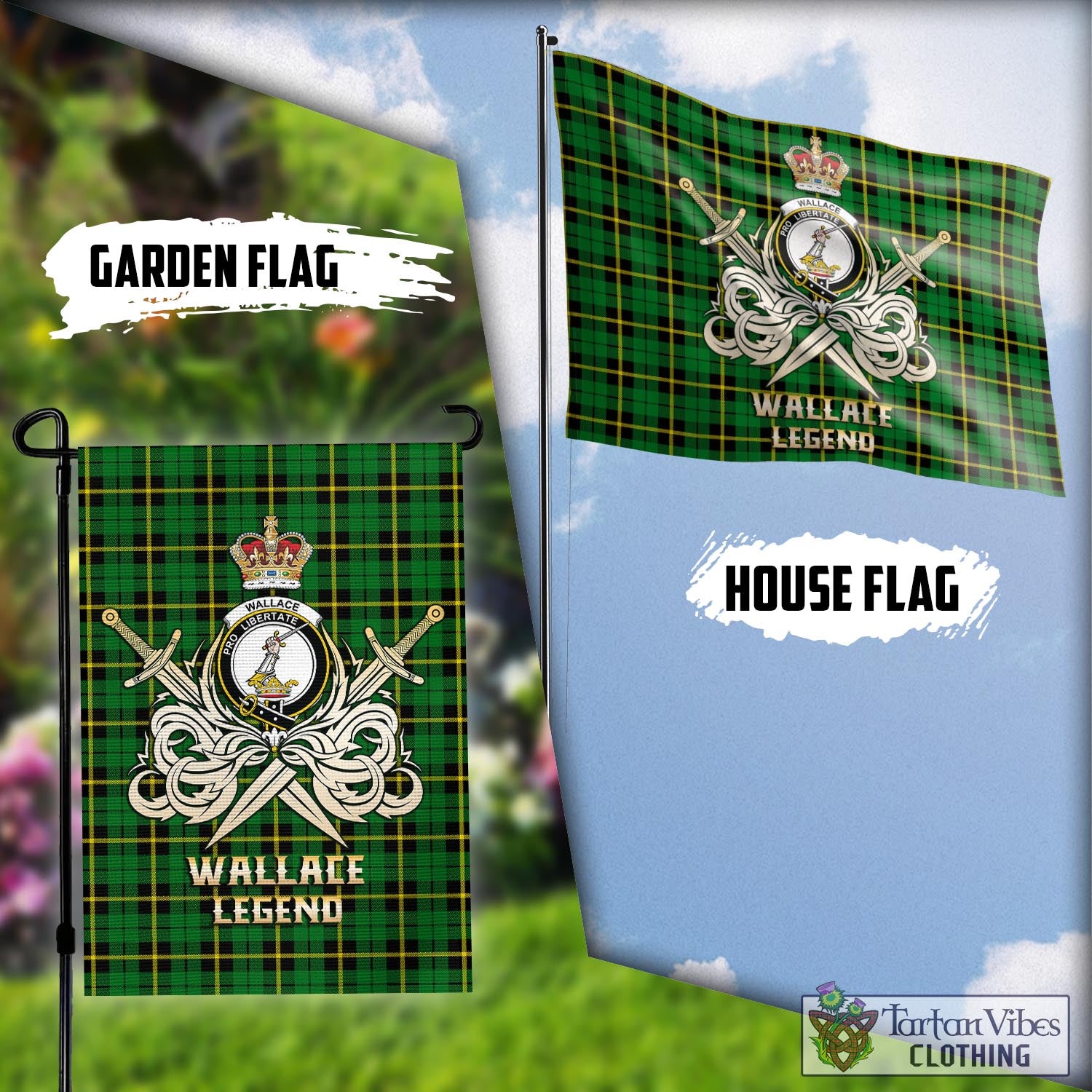 Tartan Vibes Clothing Wallace Hunting Green Tartan Flag with Clan Crest and the Golden Sword of Courageous Legacy