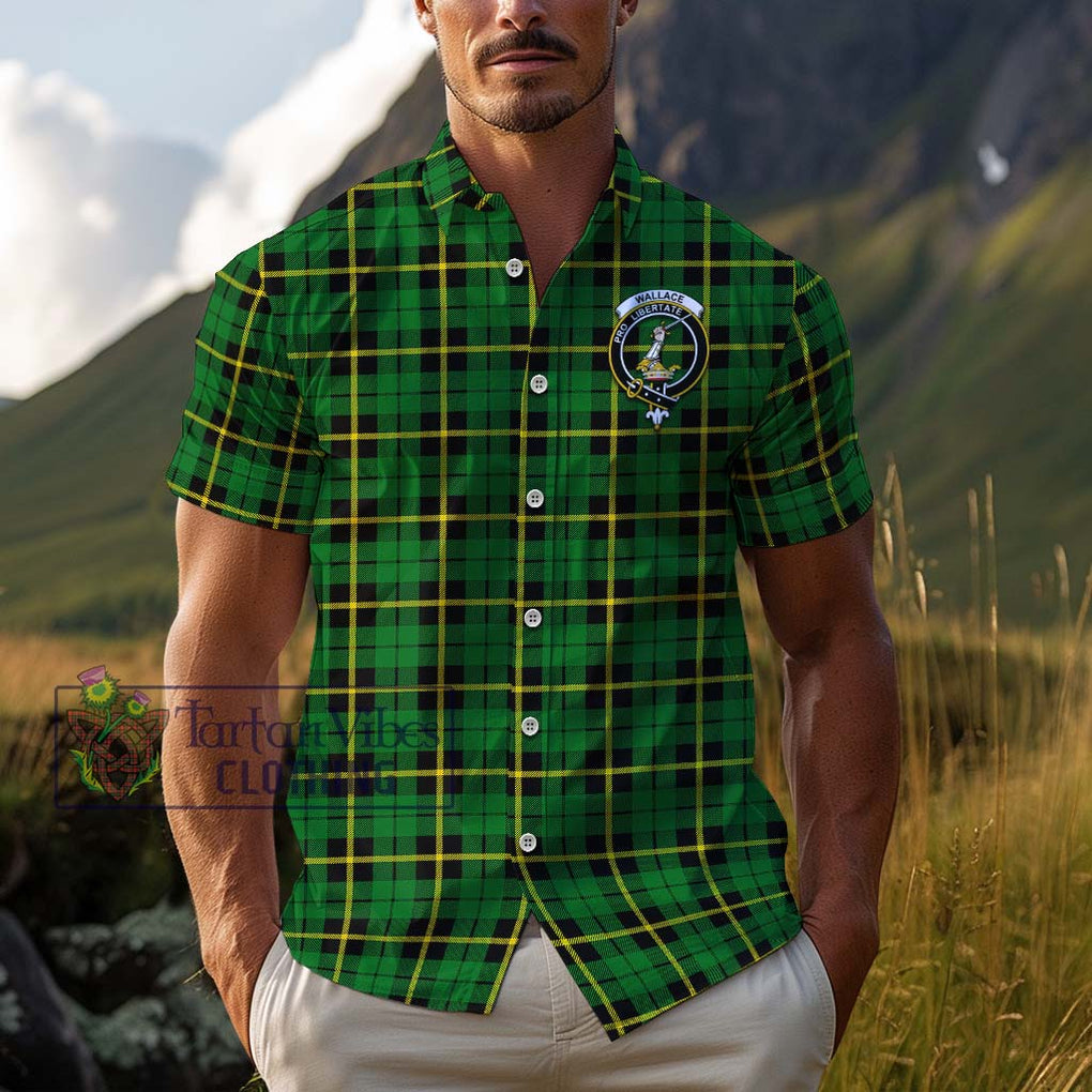 Wallace Hunting Green Tartan Cotton Hawaiian Shirt with Family Crest Adult - Tartan Vibes Clothing