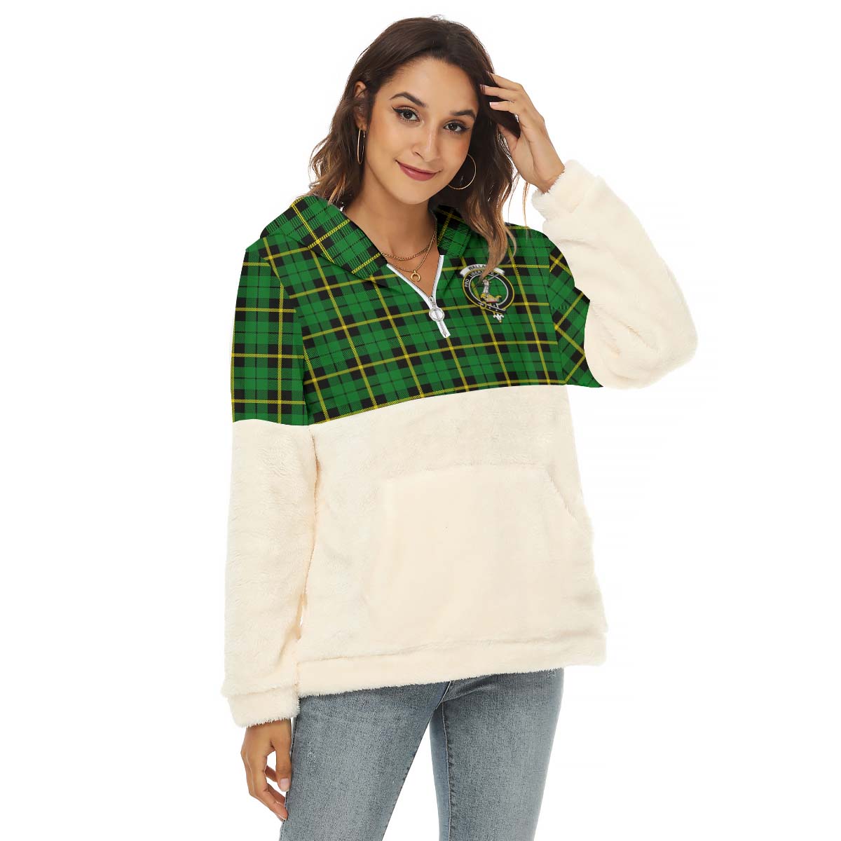 wallace-hunting-green-tartan-womens-borg-fleece-hoodie-with-half-zip-with-family-crest