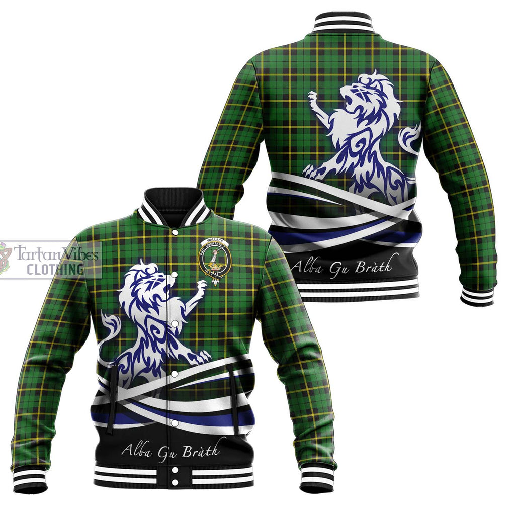 Wallace Hunting Green Tartan Baseball Jacket with Alba Gu Brath Regal Lion Emblem Unisex - Tartanvibesclothing Shop