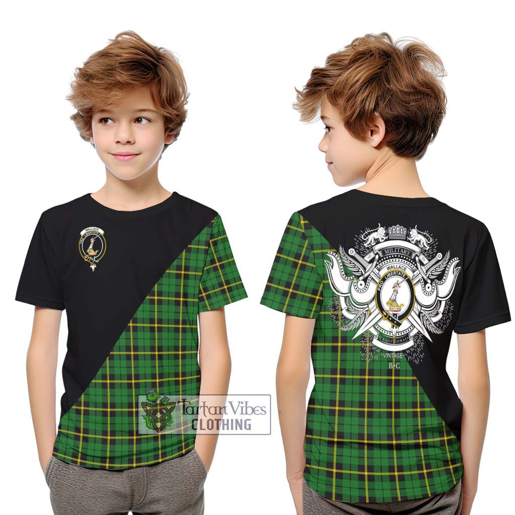 Wallace Hunting Green Tartan Kid T-Shirt with Family Crest and Military Logo Style Youth XL Size14 - Tartanvibesclothing Shop