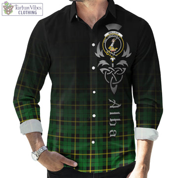 Wallace Hunting Green Tartan Long Sleeve Button Up Featuring Alba Gu Brath Family Crest Celtic Inspired