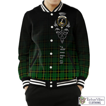 Wallace Hunting Green Tartan Baseball Jacket Featuring Alba Gu Brath Family Crest Celtic Inspired