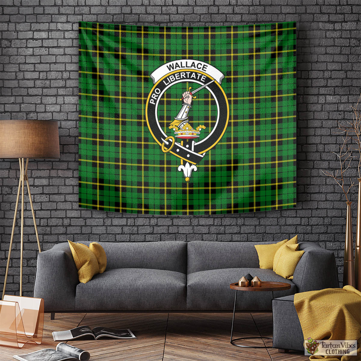 Tartan Vibes Clothing Wallace Hunting Green Tartan Tapestry Wall Hanging and Home Decor for Room with Family Crest