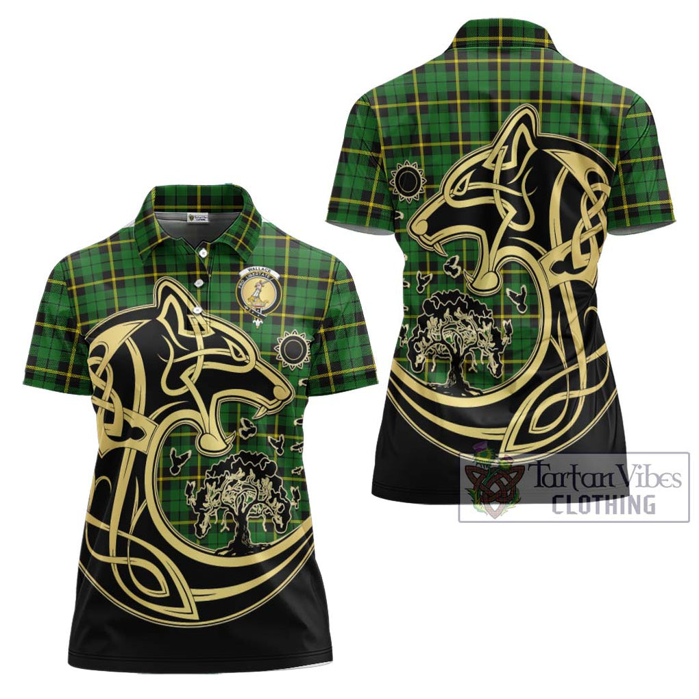 Wallace Hunting Green Tartan Women's Polo Shirt with Family Crest Celtic Wolf Style Women - Tartanvibesclothing Shop