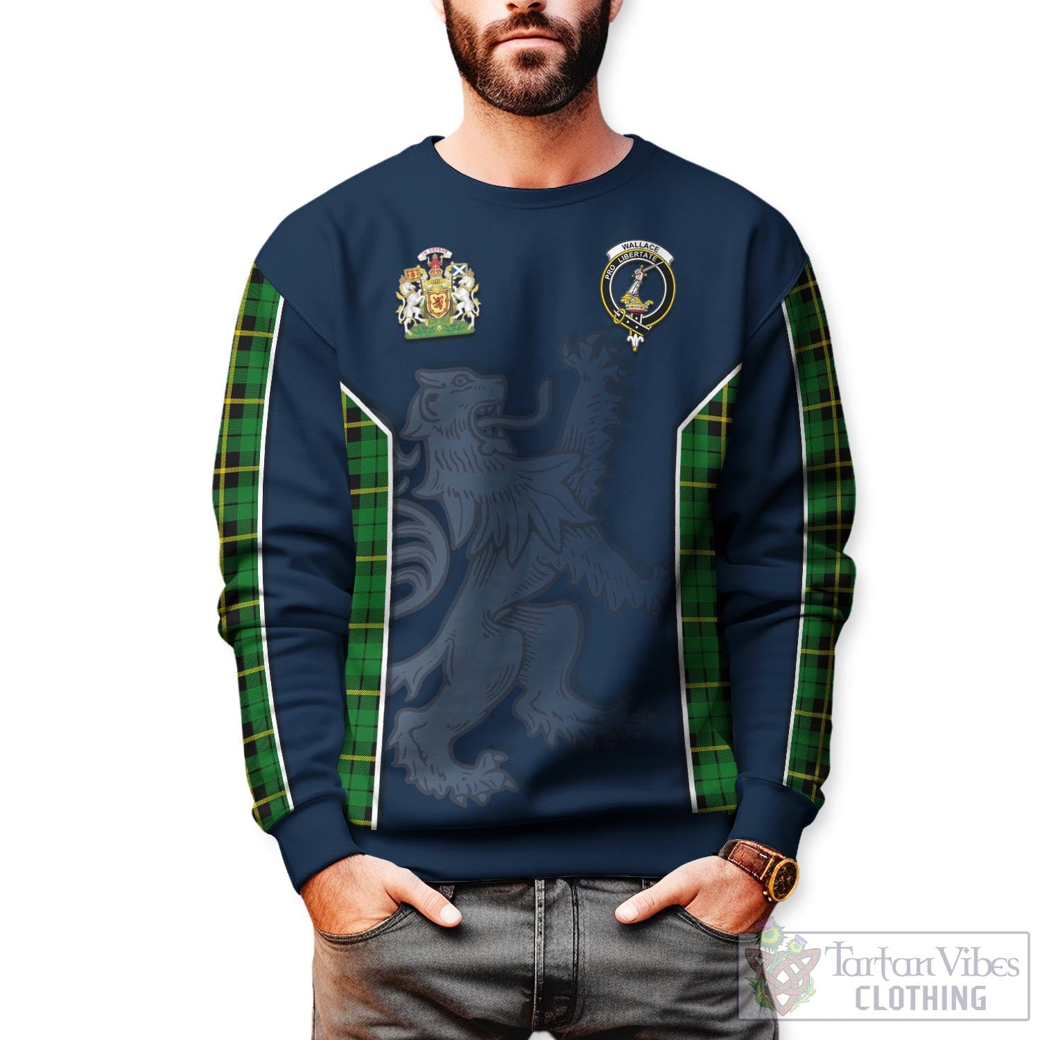 Tartan Vibes Clothing Wallace Hunting Green Tartan Sweater with Family Crest and Lion Rampant Vibes Sport Style