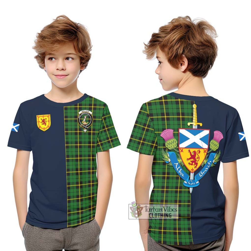 Tartan Vibes Clothing Wallace Hunting Green Tartan Kid T-Shirt with Scottish Lion Royal Arm Half Style