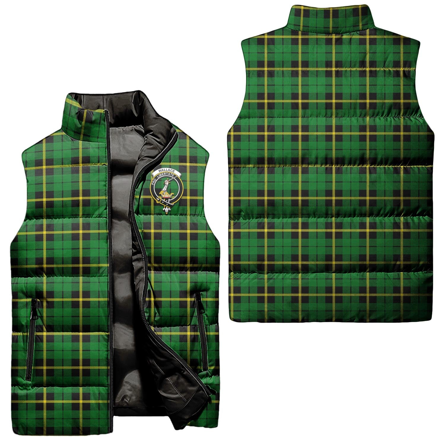 Wallace Hunting Green Tartan Sleeveless Puffer Jacket with Family Crest Unisex - Tartanvibesclothing