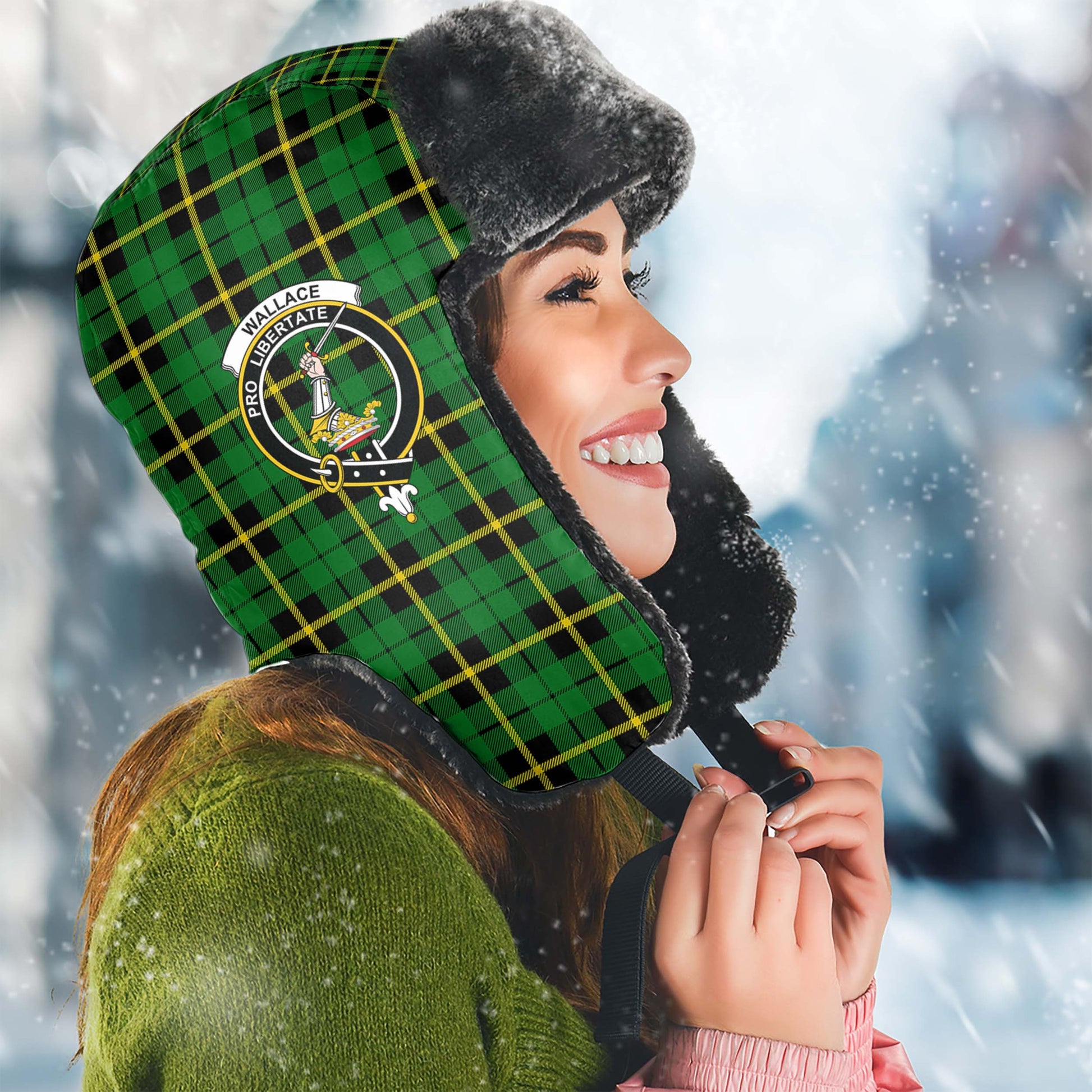 Wallace Hunting Green Tartan Winter Trapper Hat with Family Crest Winter Trapper Hat Universal Fit Circumference 22.8in (58cm) - Tartanvibesclothing