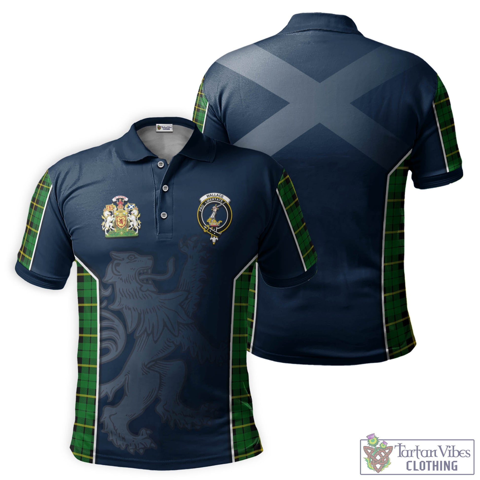 Tartan Vibes Clothing Wallace Hunting Green Tartan Men's Polo Shirt with Family Crest and Lion Rampant Vibes Sport Style