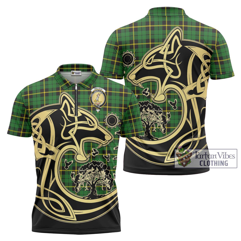 Wallace Hunting Green Tartan Zipper Polo Shirt with Family Crest Celtic Wolf Style Unisex - Tartanvibesclothing Shop