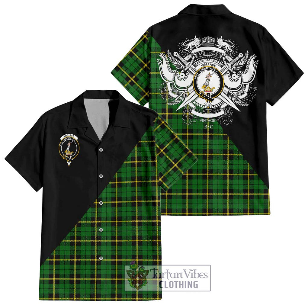 Wallace Hunting Green Tartan Short Sleeve Button Shirt with Family Crest and Military Logo Style Kid - Tartanvibesclothing Shop