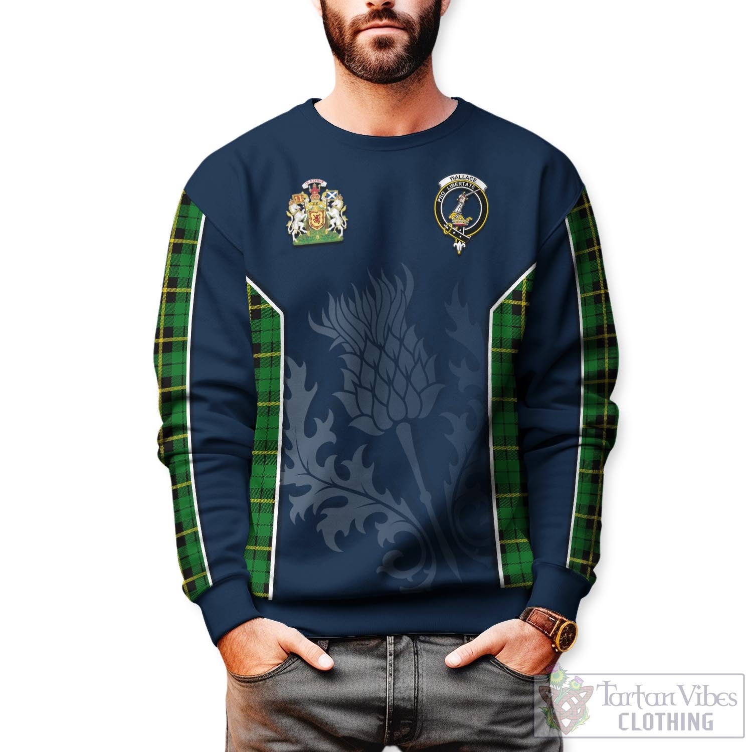 Tartan Vibes Clothing Wallace Hunting Green Tartan Sweatshirt with Family Crest and Scottish Thistle Vibes Sport Style