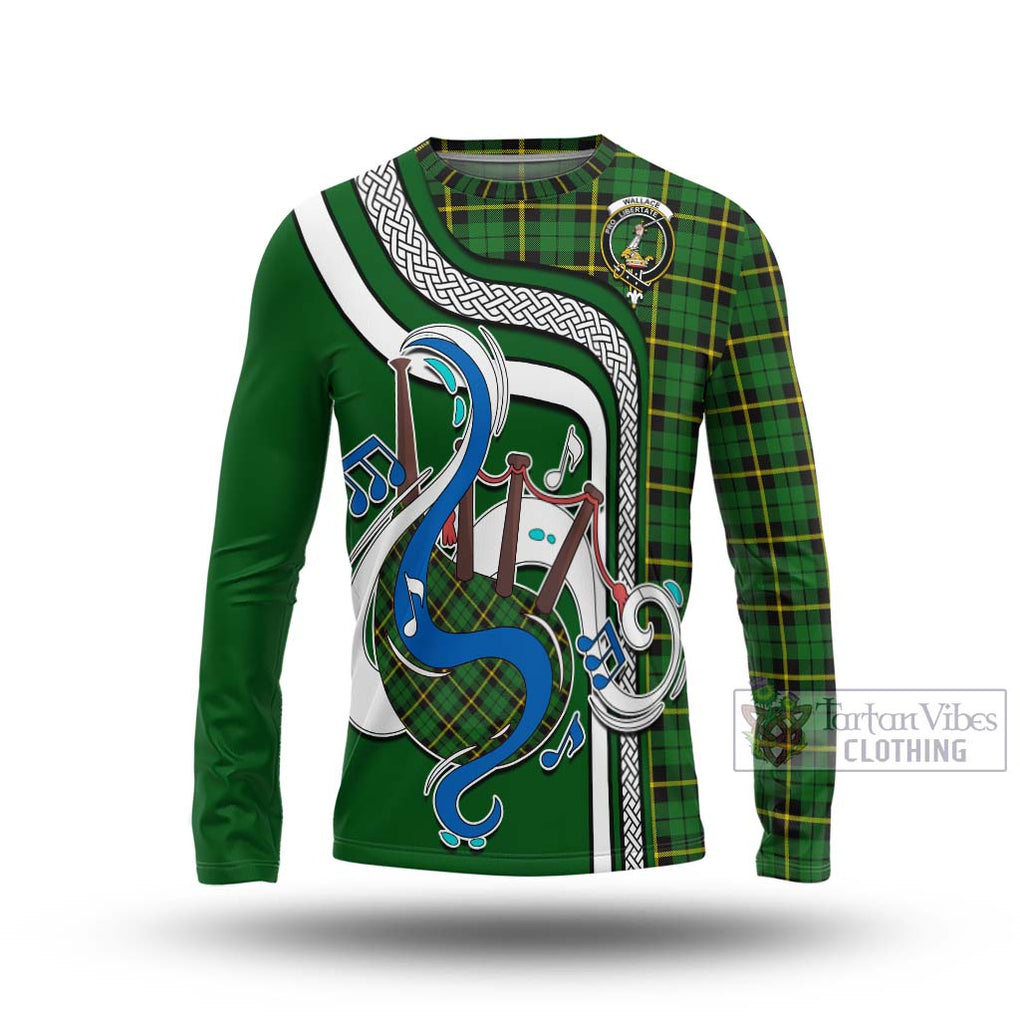 Tartan Vibes Clothing Wallace Hunting Green Tartan Long Sleeve T-Shirt with Epic Bagpipe Style