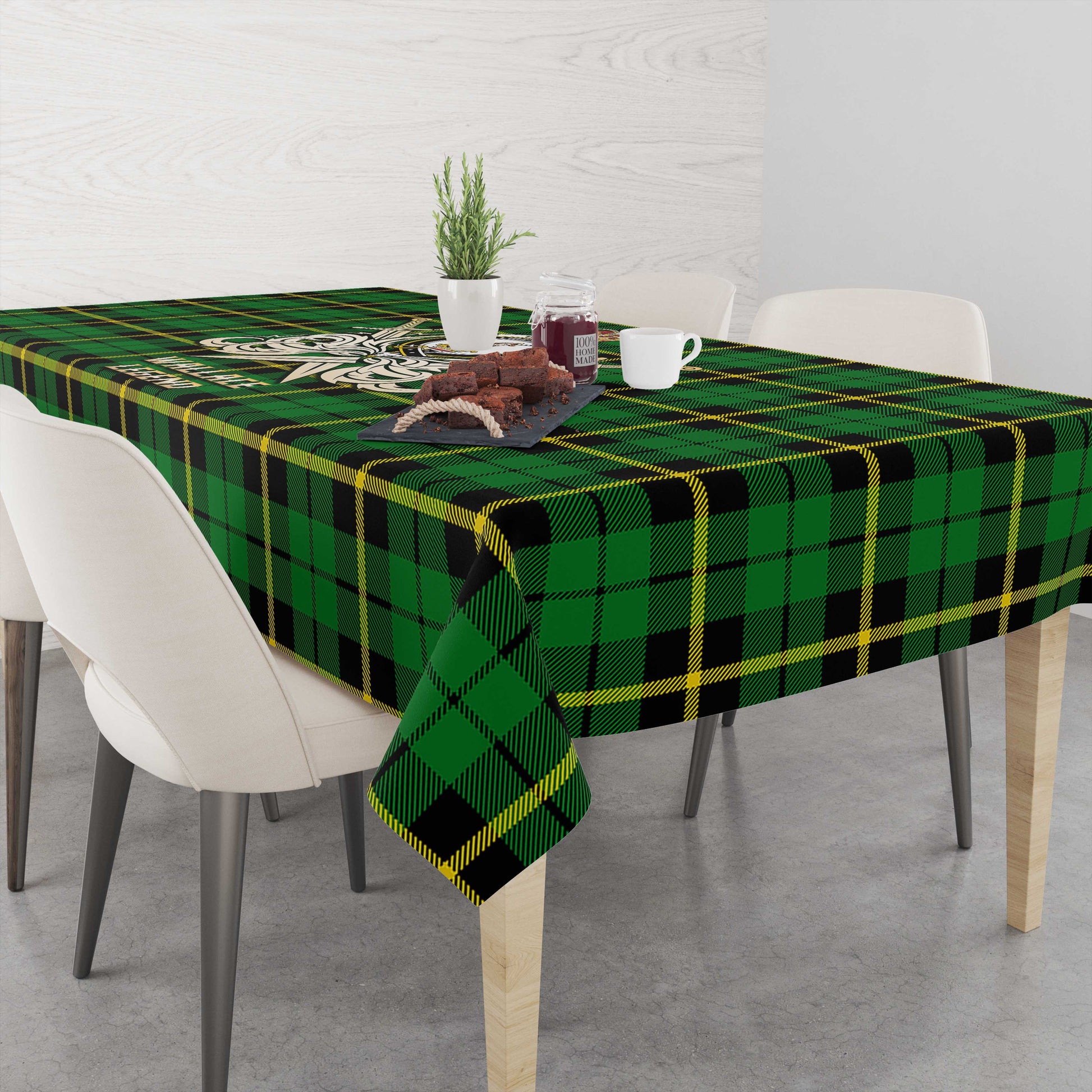 Tartan Vibes Clothing Wallace Hunting Green Tartan Tablecloth with Clan Crest and the Golden Sword of Courageous Legacy