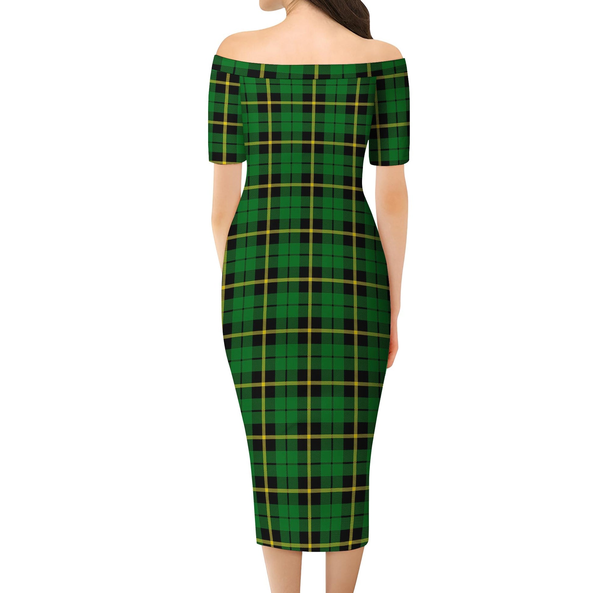 Wallace Hunting Green Tartan Off Shoulder Lady Dress - Tartanvibesclothing