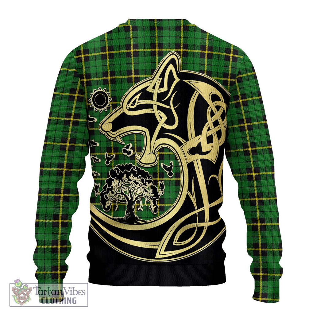 Wallace Hunting Green Tartan Knitted Sweater with Family Crest Celtic Wolf Style - Tartan Vibes Clothing