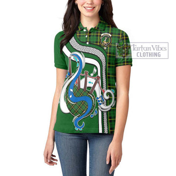 Wallace Hunting Green Tartan Women's Polo Shirt with Epic Bagpipe Style