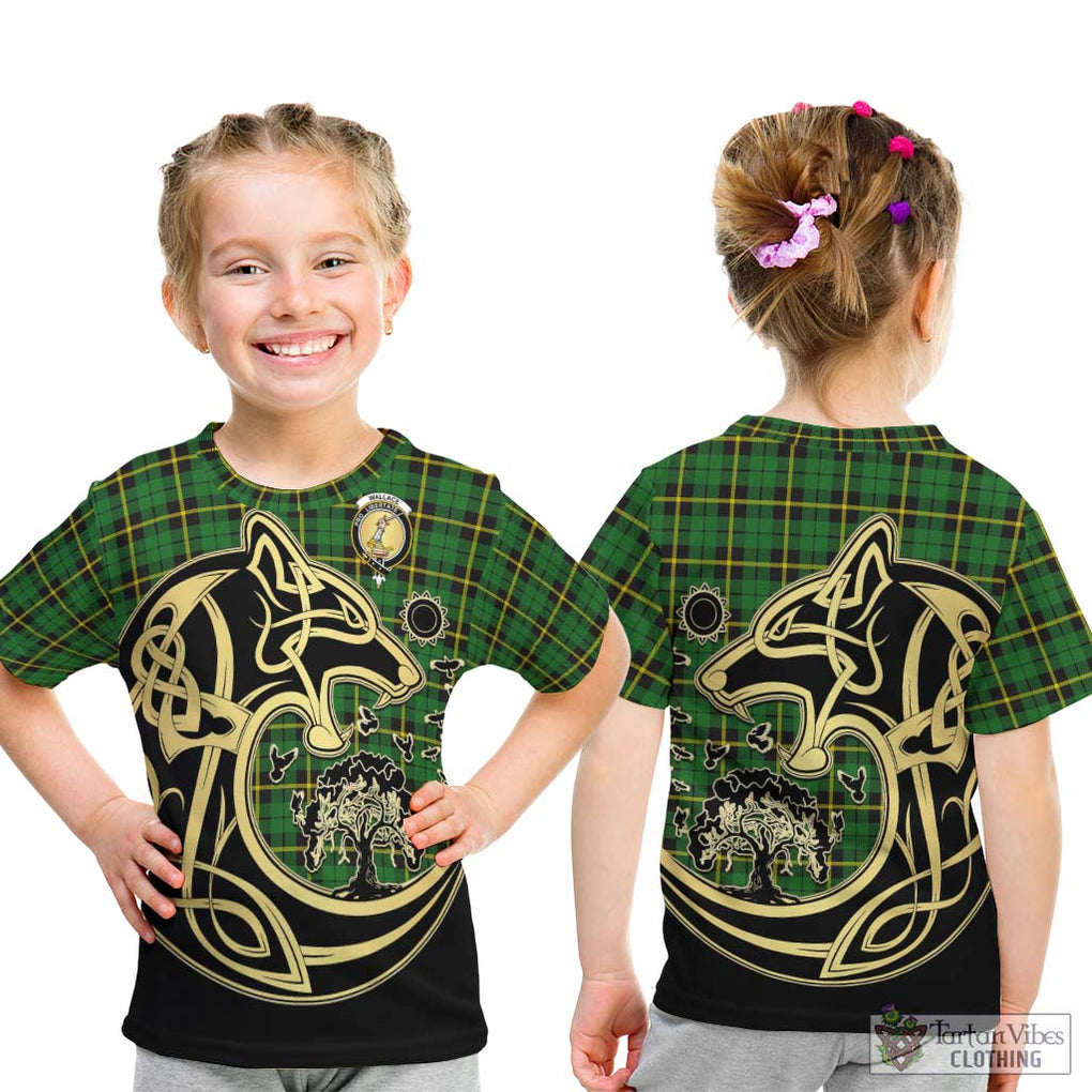 Wallace Hunting Green Tartan Kid T-Shirt with Family Crest Celtic Wolf Style - Tartan Vibes Clothing