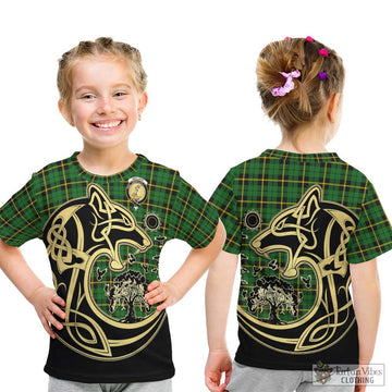 Wallace Hunting Green Tartan Kid T-Shirt with Family Crest Celtic Wolf Style