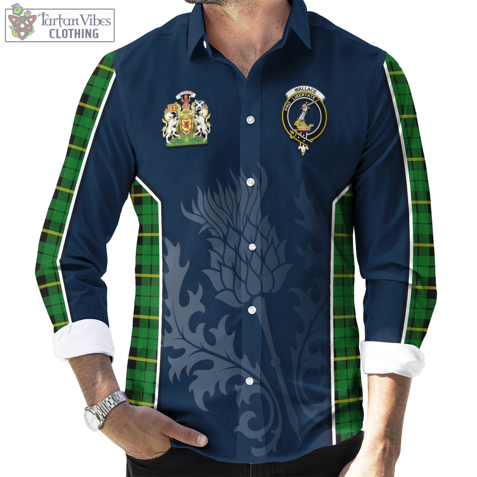 Tartan Vibes Clothing Wallace Hunting Green Tartan Long Sleeve Button Up Shirt with Family Crest and Scottish Thistle Vibes Sport Style