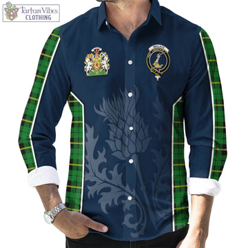 Wallace Hunting Green Tartan Long Sleeve Button Up Shirt with Family Crest and Scottish Thistle Vibes Sport Style