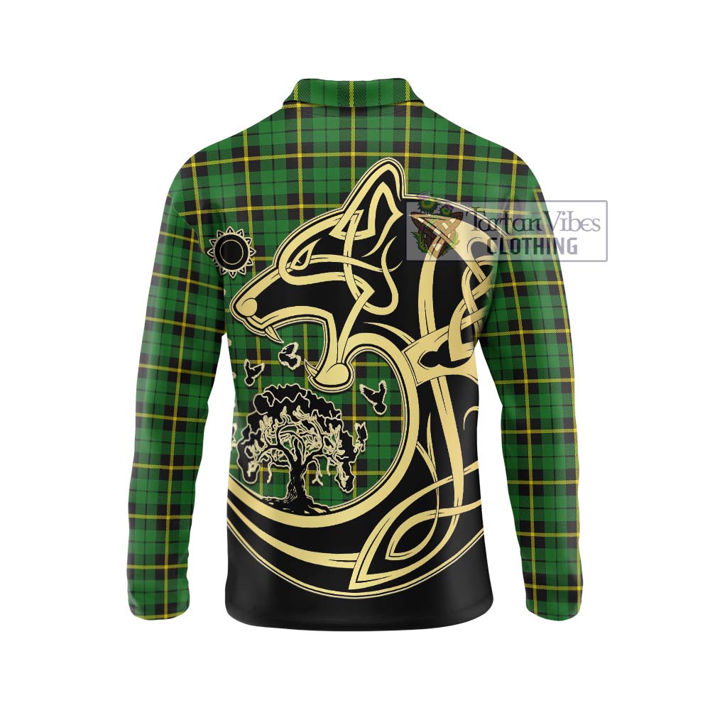 Wallace Hunting Green Tartan Long Sleeve Polo Shirt with Family Crest Celtic Wolf Style - Tartanvibesclothing Shop