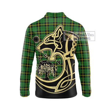 Wallace Hunting Green Tartan Long Sleeve Polo Shirt with Family Crest Celtic Wolf Style