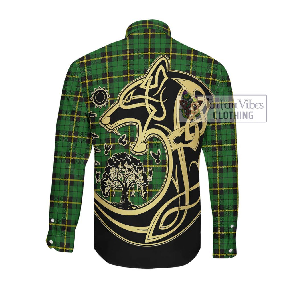 Wallace Hunting Green Tartan Long Sleeve Button Shirt with Family Crest Celtic Wolf Style Men's Shirt - Tartan Vibes Clothing