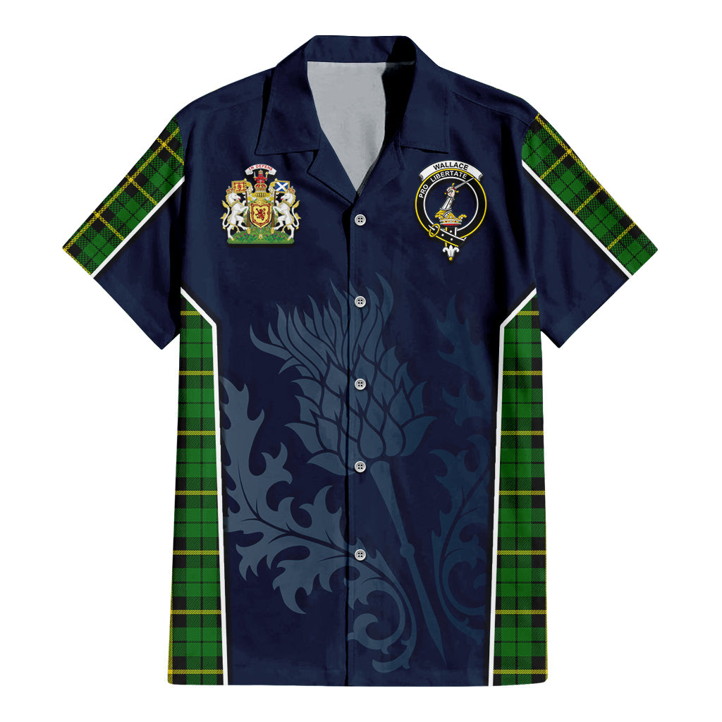 Tartan Vibes Clothing Wallace Hunting Green Tartan Short Sleeve Button Up Shirt with Family Crest and Scottish Thistle Vibes Sport Style