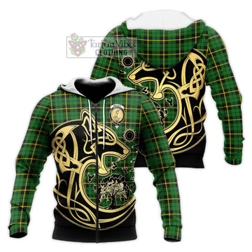 Wallace Hunting Green Tartan Knitted Hoodie with Family Crest Celtic Wolf Style