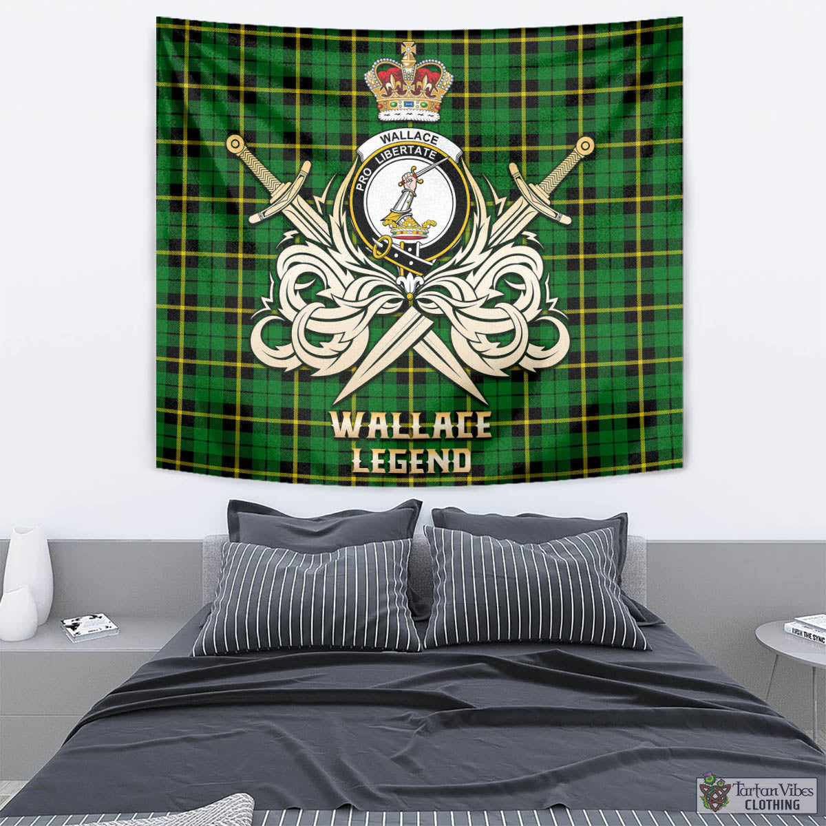 Tartan Vibes Clothing Wallace Hunting Green Tartan Tapestry with Clan Crest and the Golden Sword of Courageous Legacy