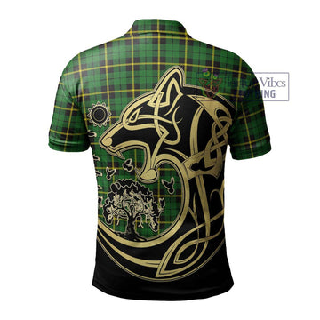 Wallace Hunting Green Tartan Polo Shirt with Family Crest Celtic Wolf Style