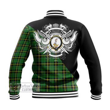 Wallace Hunting Green Tartan Baseball Jacket with Family Crest and Military Logo Style