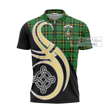 Wallace Hunting Green Tartan Zipper Polo Shirt with Family Crest and Celtic Symbol Style