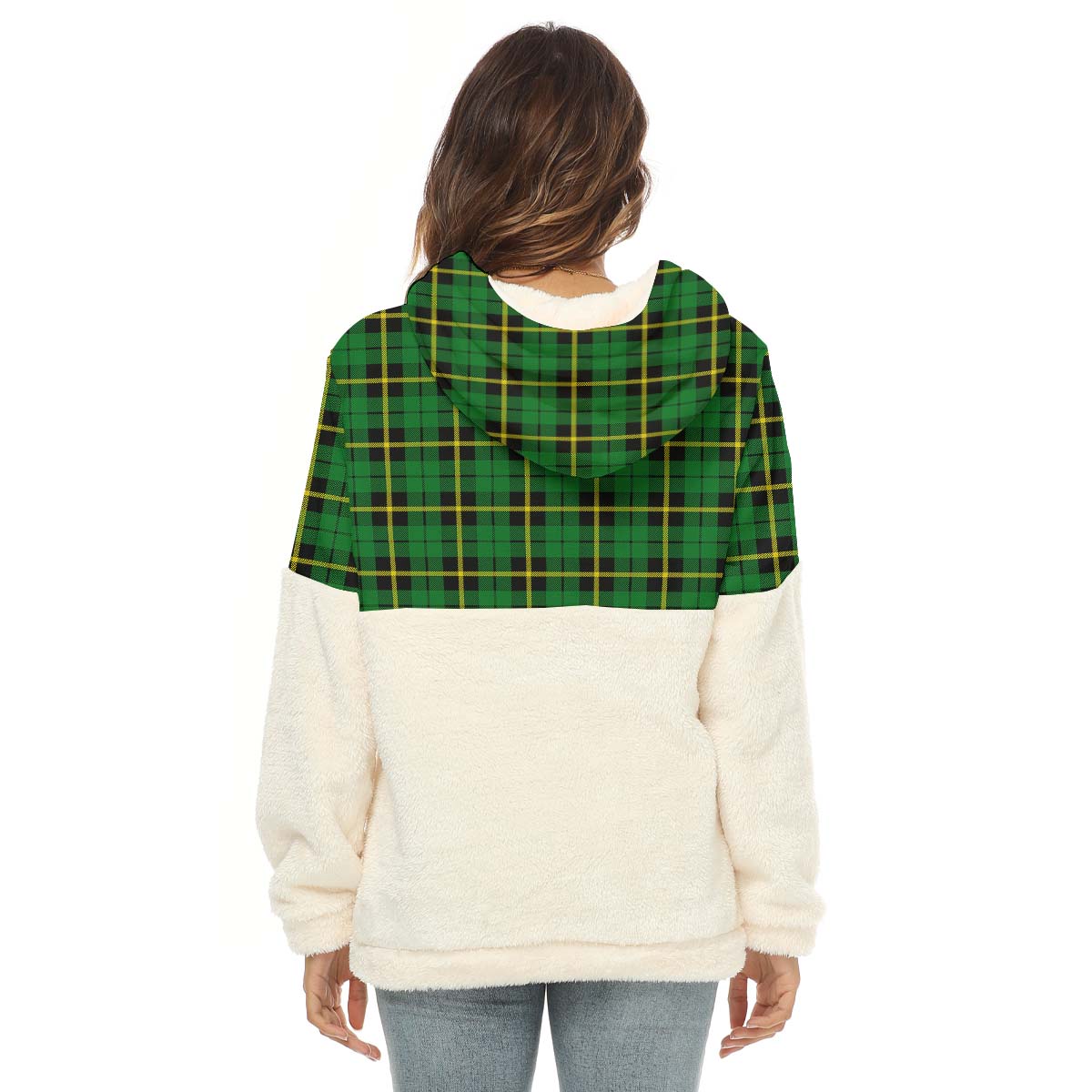 wallace-hunting-green-tartan-womens-borg-fleece-hoodie-with-half-zip-with-family-crest