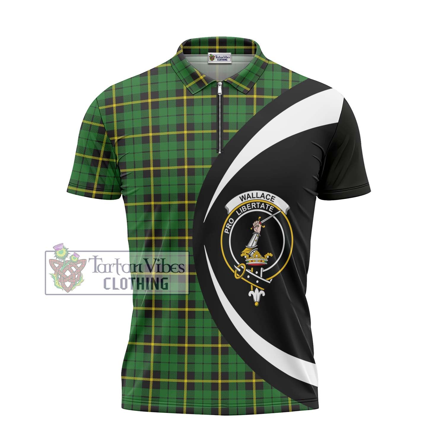 Tartan Vibes Clothing Wallace Hunting Green Tartan Zipper Polo Shirt with Family Crest Circle Style