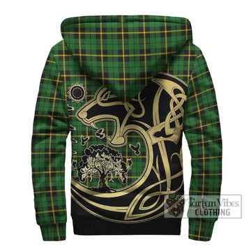 Wallace Hunting Green Tartan Sherpa Hoodie with Family Crest Celtic Wolf Style