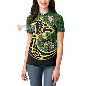 Wallace Hunting Green Tartan Women's Polo Shirt with Family Crest Celtic Wolf Style