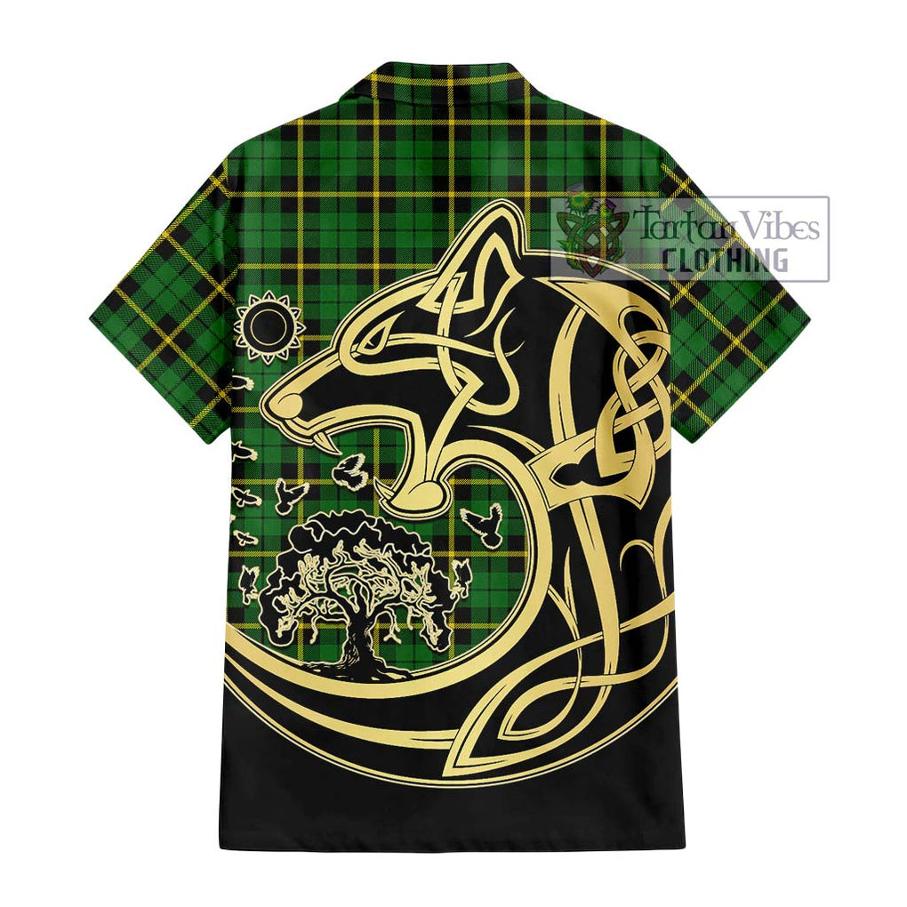 Wallace Hunting Green Tartan Short Sleeve Button Shirt with Family Crest Celtic Wolf Style - Tartan Vibes Clothing