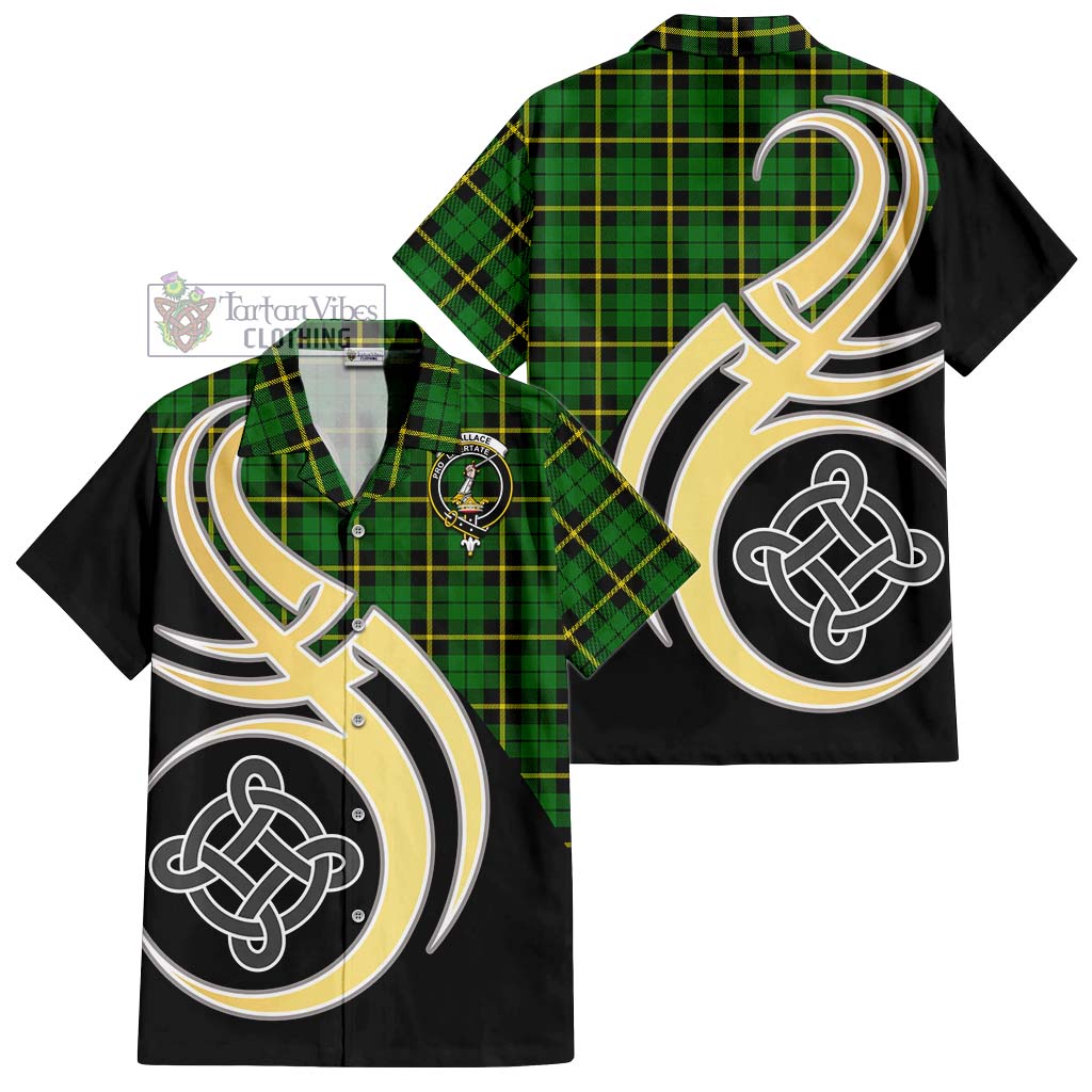 Wallace Hunting Green Tartan Short Sleeve Button Shirt with Family Crest and Celtic Symbol Style - Tartan Vibes Clothing