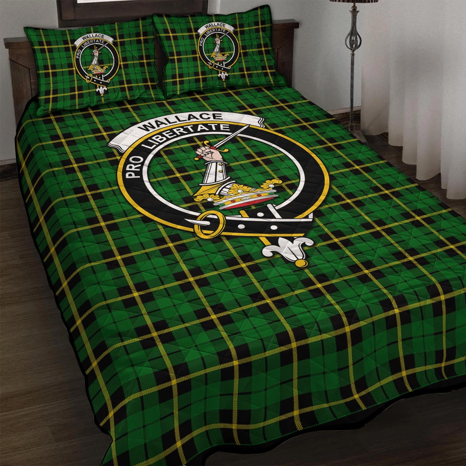 Wallace Hunting Green Tartan Quilt Bed Set with Family Crest - Tartan Vibes Clothing