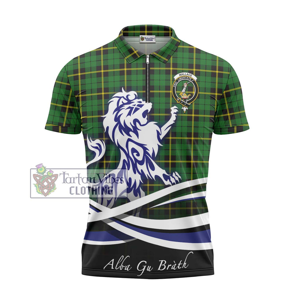 Wallace Hunting Green Tartan Zipper Polo Shirt with Alba Gu Brath Regal Lion Emblem - Tartanvibesclothing Shop