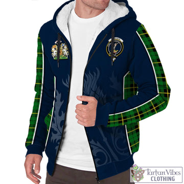 Wallace Hunting Green Tartan Sherpa Hoodie with Family Crest and Scottish Thistle Vibes Sport Style