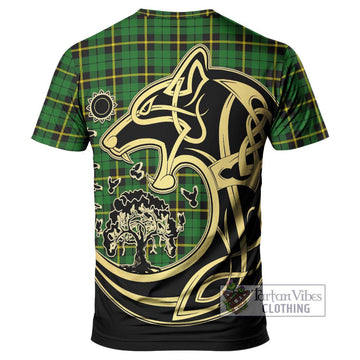 Wallace Hunting Green Tartan T-Shirt with Family Crest Celtic Wolf Style