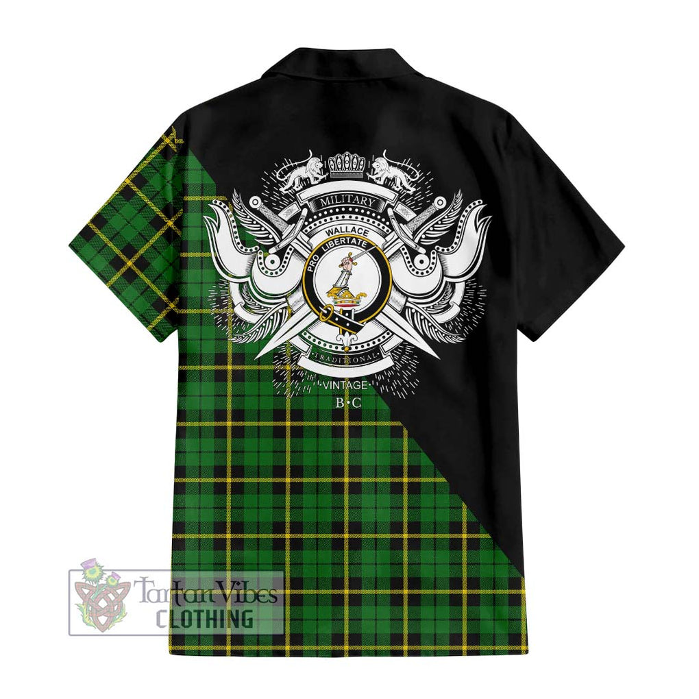 Wallace Hunting Green Tartan Short Sleeve Button Shirt with Family Crest and Military Logo Style - Tartanvibesclothing Shop