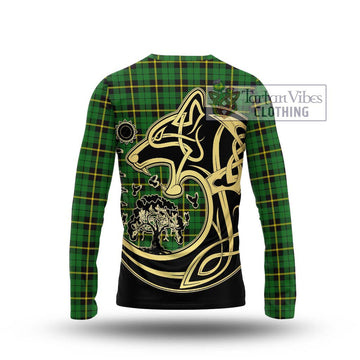 Wallace Hunting Green Tartan Long Sleeve T-Shirt with Family Crest Celtic Wolf Style