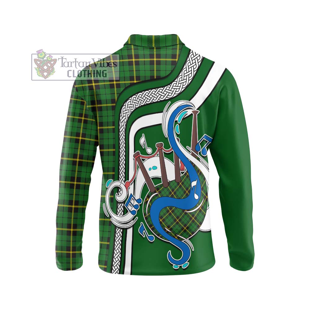 Tartan Vibes Clothing Wallace Hunting Green Tartan Long Sleeve Polo Shirt with Epic Bagpipe Style